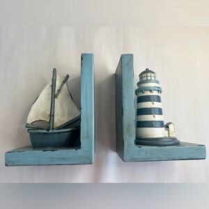 Lighthouse and Sailboat Nautical Blue and White Bookends (heavy)